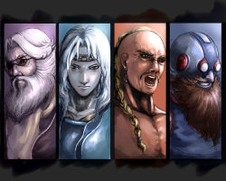 1990s_(style) 4boys armor beard blonde_hair braid cecil_harvey cid_pollendina earrings facial_hair final_fantasy final_fantasy_iv glasses goggles grin headband jewelry male_focus momomo_(pixiv451442) multiple_boys mustache open_mouth orange_hair retro_artstyle single_braid smile tellah white_hair yang_fang_leiden