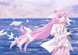 1girl absurdres bag bird brooch chinese_commentary commentary_request elysia_(herrscher_of_human:_ego)_(honkai_impact) elysia_(honkai_impact) flower flying hair_between_eyes heart heart_brooch highres holding holding_flower honkai_(series) honkai_impact_3rd jacket jewelry long_hair navel ocean one_eye_closed open_mouth pink_eyes pink_hair pink_pupils pink_shorts pink_sky rio_(user_kzxp8757) shirt shorts shoulder_bag sky solo white_flower white_jacket white_shirt