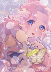1girl blue_hair cosmetics flower hair_flower hair_ornament highres jewelry lips lipstick long_hair looking_at_viewer makeup meecosme open_mouth original pink_hair smile solo upper_body wavy_hair