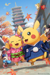 1boy 1girl :3 :d :o autumn_leaves backwards_hat bag baseball_cap black_hair black_pants blue_kimono blue_overalls blurry bow breasts brown_hair buck_teeth character_print cherrim cherrim_(sunshine) closed_eyes clothed_pokemon commentary_request cyndaquil day depth_of_field ecruteak_city ethan_(pokemon) falling_leaves feathers floral_print flying gen_1_pokemon gen_2_pokemon gen_4_pokemon gonzarez hair_through_headwear haori happy hat highres ho-oh holding_hands japanese_clothes jumping kimono leaf legendary_pokemon long_sleeves looking_at_another lyra_(pokemon) marill mountain new_year nintendo obi open_mouth overalls pagoda pants pikachu pink_bow pink_kimono poke_ball_print pokemon pokemon_(creature) pokemon_hgss print_kimono rainbow_feather_(pokemon) raticate rattata red_ribbon red_shirt red_shoes ribbon sash shadow shirt shoes short_hair shoulder_bag small_breasts smile sneakers sparkle standing teeth thighhighs tree twitter_username walking white_headwear white_thighhighs wide_sleeves