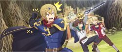 Rule 34 | 3boys, ^^^, armor, bandaged arm, bandages, belt, belt buckle, black cloak, black gloves, black pants, blonde hair, blue armor, blue eyes, boots, brown belt, brown boots, brown hair, brown pants, buckle, cape, choker, circlet, cloak, collarbone, dust (konosuba), evil grin, evil smile, game cg, gloves, gold circlet, green cape, green eyes, grin, hair between eyes, highres, holding, holding sword, holding weapon, jacket, kono subarashii sekai ni shukufuku wo!, konosuba! fantastic days, leg up, long sleeves, mitsurugi kyouya, multiple boys, official art, open mouth, outdoors, pants, red jacket, satou kazuma, shirt, short hair, short sleeves, sidelocks, smile, standing, standing on one leg, sword, theft, v-shaped eyebrows, weapon, white shirt, wispy bangs