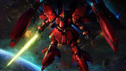 absurdres asteroid beam_cannon cable char&#039;s_counterattack copyright_logo earth_(planet) energy_sword explosion funnels_(gundam) gundam gundam_battle_operation_2 gundam_msv highres in_orbit lens_flare looking_at_viewer machinery mecha mecha_focus mobile_suit nebula no_humans one-eyed painting_(medium) planet realistic robot sazabi sazabi_(msn-04ff) scan science_fiction space sunrise_(company) sword tenjin_hidetaka traditional_media weapon