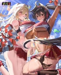 2girls absurdres ahoge bay_(nikke) black_hair blonde_hair blush breasts brown_eyes cheerleader clay_(nikke) copyright_name crop_top cross-shaped_pupils dark-skinned_female dark_skin facial_tattoo fireworks flag goddess_of_victory:_nikke hair_intakes hair_ornament hairband hairclip highres holding_hands huge_breasts interlocked_fingers large_breasts long_hair midriff mole mole_on_stomach mole_under_eye mole_under_mouth multicolored_hair multiple_girls navel pink_eyes pom_pom_(cheerleading) ponytail red_hair red_pupils red_shirt red_skirt rossy_(yowayowachimpo) sharp_teeth shirt skirt standing standing_on_one_leg star_tattoo streaked_hair sweat symbol-shaped_pupils tan tanline tattoo teeth thigh_strap thighs twintails two-tone_shirt two-tone_skirt underboob visor_cap whistle whistle_around_neck white_shirt white_skirt