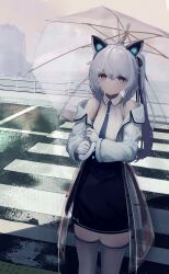 1girl absurdres animal_ear_headphones animal_ears bare_shoulders black_ribbon black_skirt blue_eyes blue_necktie cat_ear_headphones cat_ears city closed_mouth coat collared_shirt crosswalk end-existence fake_animal_ears feet_out_of_frame gloves grey_hair grey_thighhighs hair_between_eyes hair_ornament hair_ribbon hairclip headphones highres holding holding_umbrella jacket long_hair long_sleeves looking_at_viewer mechanical_ears necktie off_shoulder open_clothes open_coat open_jacket outdoors puddle railing rain ribbon road sapphy_(vrchat) see-through_clothes shirt side_ponytail sidelocks sidewalk skirt sleeveless sleeveless_shirt smile solo standing street thighhighs transparent transparent_umbrella umbrella vrchat white_coat white_gloves white_hair white_jacket white_shirt white_thighhighs white_umbrella zettai_ryouiki