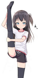 1girl absurdres arm_up black_hair black_shorts black_thighhighs blue_eyes blush closed_mouth commentary_request green_panties gym_shirt gym_shorts gym_uniform highres kneepits leg_up long_hair looking_at_viewer no_shoes one_side_up original panties panties_under_shorts panty_peek puffy_short_sleeves puffy_sleeves shirt short_shorts short_sleeves shorts simple_background solo split standing standing_on_one_leg standing_split takasuma_hiro thighhighs underwear upshorts white_background white_shirt