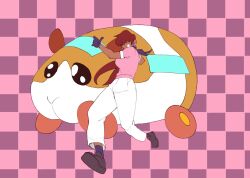 1girl 1shermieaday animal animal_ears breasts car curvy dark-skinned_female dark_skin female_focus giant gloves hamster huge_breasts large_breasts legs long_hair motor_vehicle pants pet ponytail shermie_(kof) shirt shoes smile smiley_face socks standing tan the_king_of_fighters thick_thighs thighs twintails