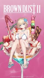 1girl animated bikini blonde_hair blue_eyes blunt_bangs blush bouncing_breasts breasts brown_dust_(series) brown_dust_2 cocktail_glass cup drinking_glass drinking_straw flower food fruit hair_flower hair_ornament hands_up highres holding holding_food holding_ice_cream ice_cream ice_cream_cone jewelry justia_(brown_dust) large_breasts legs looking_at_viewer necklace official_art see-through_clothes slippers solo strawberry swimsuit tagme toes video water wet wet_clothes whipped_cream white_bikini white_slippers