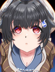 1girl absurdres black_hair blue_serafuku breasts brown_shawl cleavage close-up from_above hair_flaps hair_ornament hairclip highres jingei_(kancolle) kantai_collection large_breasts long_hair looking_at_viewer red_eyes school_uniform serafuku shawl shigatsu_(soratobuusagi) solo whale_hair_ornament