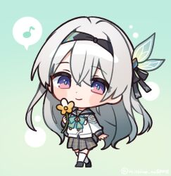 black_hairband black_ribbon black_sailor_collar blush_stickers bow bowtie buttons checkered_clothes checkered_skirt double-breasted firefly_(honkai:_star_rail) firefly_(spring_missive)_(honkai:_star_rail) flower gradient_hair green_bow green_bowtie green_pupils grey_hair hair_between_eyes hair_intakes hair_ornament hair_ribbon hairband holding holding_flower honkai:_star_rail honkai_(series) long_hair mishima_kurone multicolored_eyes multicolored_hair musical_note plaid_bow plaid_clothes plaid_skirt ribbon sailor_collar skirt smile thighhighs two-tone_eyes white_thighhighs yellow_flower