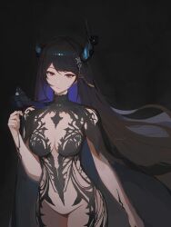 1girl absurdres asymmetrical_horns black_background black_dress black_feathers black_hair black_horns blue_hair breasts chronopattern_dress cleavage cowboy_shot dress feathers highres hololive hololive_english horns long_hair medium_breasts meme_attire mole mole_under_eye nerissa_ravencroft purple_eyes seuhu simple_background slit_pupils solo_focus uneven_horns virtual_youtuber