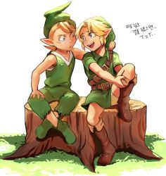 2boys bad_id bad_twitter_id bbrangka blonde_hair blue_eyes boots child grass hat korean_text link mido_(zelda) multiple_boys nintendo pointy_ears simple_background sitting sleeveless smile text_focus the_legend_of_zelda the_legend_of_zelda:_ocarina_of_time translation_request tree_stump tunic white_background young_link