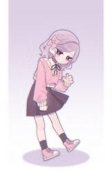 1girl alternate_costume alternate_hairstyle ankle_socks black_socks bow casual chi_kan100 collared_shirt cropped_sweater curly_hair gradient_background groping_motion hair_bow hand_up high-waist_skirt highres jitome kimi_no_koto_ga_dai_dai_dai_dai_daisuki_na_100-nin_no_kanojo leaning_to_the_side long_sleeves looking_at_viewer medium_hair miniskirt momi_momiji multiple_hair_bows neck_ribbon parted_bangs pink_bow pink_eyes pink_shoes pink_sweater pleated_skirt puckered_lips purple_background purple_hair purple_ribbon purple_skirt ribbon shadow shirt shoes side_part sidelocks single_hair_intake skirt sneakers socks solo standing sweater white_shirt wing_collar