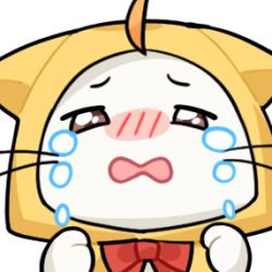 ahoge animal animal_focus artist_request blush bow bowtie brown_eyes cat chibi cloak clothed_animal crying crying_with_eyes_open ear_covers hood hood_up hooded_cloak infinity_nikki lowres momo_(nikki) nikki_(series) no_humans official_art open_mouth red_bow red_bowtie sad simple_background solo straight-on tears upper_body wavy_mouth whiskers white_background white_cat yellow_cloak