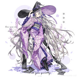 1girl absurdres animal_ear_fluff animal_ears back_bow black_boots black_bow black_hat boots bow cat_ears chinese_commentary closed_mouth commentary_request commission expressionless fern floral_print flower frilled_sash frilled_sleeves frills full_body green_sash grey_eyes grey_hair hair_flower hair_ornament hand_on_headwear hat highres japanese_clothes kimono large_bow lite_luyu long_hair long_sleeves looking_at_viewer obi original petals purple_flower purple_hat purple_kimono sample_watermark sash solo standing two-sided_fabric two-sided_headwear very_long_hair watermark weibo_watermark white_background wide_brim wide_sleeves witch_hat yukata