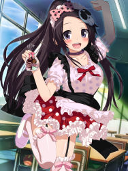 Rule 34 | 1girl, arm up, bad id, bad pixiv id, black hair, blush, choker, cookie, elysia de lute ima, female focus, food, garter straps, kami nomi zo shiru sekai, long hair, looking at viewer, open mouth, pink thighhighs, polka dot, polka dot shirt, polka dot skirt, purple eyes, shirt, shoes, skirt, solo, standing, standing on one leg, thighhighs, uwabaki, wataru (zazazazazazawa)