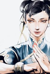 1girl arms_up black_hair blue_dress bracelet brown_eyes capcom china_dress chinese_clothes chun-li closed_mouth commentary double_bun dress earrings hair_bun hair_ribbon hashtag-only_commentary highres jewelry lipstick looking_to_the_side makeup mandarin_collar nail_polish nekoixa piercing red_nails ribbon sideways_glance simple_background solo sphere_earrings street_fighter street_fighter_6 upper_body white_background yellow_ribbon