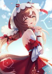 1girl absurdres animal_ears blurry blurry_background breasts brown_hair cloud commentary_request detached_sleeves hair_ornament highres horse_ears horse_tail long_hair looking_at_viewer nakichi_n open_mouth own_hands_together petals red_eyes still_in_love_(umamusume) tail umamusume veil