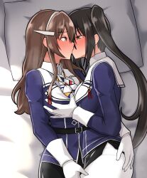 2girls ashigara_(kancolle) bed_sheet belt black_belt black_eyes black_hair blush breasts brown_eyes brown_hair furaggu_(frag_0416) gloves hairband highres jacket kantai_collection kiss large_breasts long_hair long_sleeves military_uniform multiple_girls nachi_(kancolle) pantyhose pillow purple_jacket side_ponytail white_gloves white_hairband white_pantyhose yuri