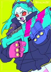 1girl angry aqua_eyes black_jacket colored_sclera cowboy_shot cyberpunk_(series) cyberpunk_edgerunners cyborg ewoageruyobemo green_eyes highres holding holding_weapon jacket joints long_hair neck_tattoo rebecca_(cyberpunk) red_sclera revealing_clothes samurai_jacket_(cyberpunk) simple_background smile solo standing tattoo weapon wide_hips yellow_background