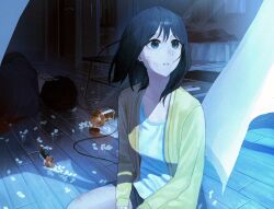 1boy 1girl black_hair blue_eyes blue_shirt blue_theme bruise cardigan collar commentary_request curtains green_sweater highres indoors injury lying moonlight o-bana on_side open_cardigan open_clothes original pill pill_bottle shirt sitting sweater table wooden_floor