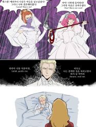 1boy 3girls artist_name blonde_hair bride brown_hair ccabuster char&#039;s_counterattack char_aznable commentary_request dress elbow_gloves english_text gloves gun gundam haman_karn hand_on_own_hip highres holding holding_gun holding_weapon korean_commentary korean_text kycilia_zabi long_hair lying mixed-language_text mobile_suit_gundam multiple_girls nanai_miguel pink_hair sakakibara_yoshiko short_hair speech_bubble translation_request twitter_username voice_actor_connection weapon white_dress zeta_gundam