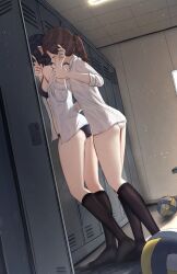 2girls benevole black_bra black_hair black_panties black_socks bra breasts brown_hair closed_eyes commentary_request dress_shirt highres holding_another&#039;s_wrist indoors kneehighs locker medium_breasts medium_hair multiple_girls no_shoes open_clothes open_shirt original panties ponytail shirt short_hair short_ponytail socks three-quarter_sleeves underwear white_bra white_panties white_shirt yuri