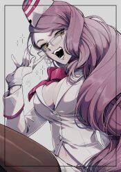 1girl breasts choker cleavage earrings fangs fate/grand_order fate_(series) garrison_cap glasses gloves gs999000 hat highres jacket jewelry koyanskaya_(fate) koyanskaya_(foreigner)_(first_ascension)_(fate) large_breasts long_hair long_sleeves looking_at_viewer low-cut navel open_mouth pantyhose pink_hair pink_scarf ribbon_choker scarf solo tamamo_(fate) very_long_hair white-framed_eyewear white_gloves white_jacket yellow_eyes