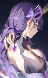 Rule 34 | 1girl, absurdres, back, back tattoo, black background, breasts, bridal gauntlets, cleavage, commentary, flower, from above, from behind, genshin impact, highres, iop5509, japanese clothes, kimono, large breasts, long hair, looking ahead, low-braided long hair, low-tied long hair, low neckline, mole, mole under eye, nape, purple eyes, purple flower, purple hair, purple kimono, raiden shogun, shrug (clothing), solo, tattoo, tomoe (symbol)