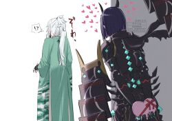2girls armor artist_name black_horns black_scarf box commentary_request dated fate/grand_order fate_(series) from_behind gift green_robe heart heart-shaped_box holding holding_gift horns japanese_armor japanese_clothes kishimen_hair multiple_girls peeking_out pink_hair ponytail purple_hair robe scarf titiduki_(manman-ya) twitter_username ushi_gozen_(avenger)_(fate) ushi_gozen_(avenger)_(second_ascension)_(fate) ushi_gozen_(fate) white_hair yui_shousetsu_(fate) yuri