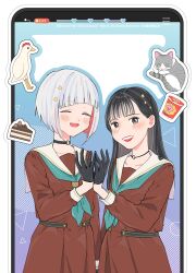 2girls 4th_live_dream_~bloom_the_dream_believers~ :d ^_^ animification aqua_neckerchief black_choker black_gloves black_hair bob_cut brown_dress brown_eyes cake cake_slice cat chocolate_cake choker closed_eyes collarbone commentary_request cowboy_shot cup_ramen dress flower_hands flower_hands_duo flower_stand_art food gloves green_eyes grey_cat grey_hair hair_ornament half_gloves hasu_no_sora_school_uniform highres inverted_bob link!_like!_love_live! long_hair long_sleeves love_live! multicolored_hair multiple_girls neckerchief o-ring o-ring_choker open_mouth peking_duck_(love_live!) pleated_dress real_life red_hair sailor_collar sailor_dress sasaki_kotoko school_uniform short_hair smile star_(symbol) star_hair_ornament streaked_hair virtual_youtuber voice_actor voice_actor_connection white_(waterwhite) white_background white_sailor_collar winter_uniform yugiri_tsuzuri