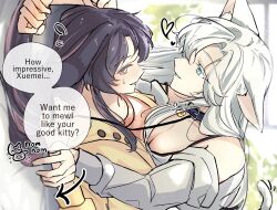 2girls alakkm animal_ears bell black_collar blue_eyes blush breast_press breasts cat_ears cat_girl cat_tail cleavage coat collar commentary_request day english_text heart highres holding holding_leash iris_wen kemonomimi_mode korean_commentary leash long_hair looking_at_another love_curse:_find_your_soulmate lying_on_person multicolored_hair multiple_girls neck_bell parted_lips pink_eyes pink_hair pink_sweater pinned purple_hair selene_yan shirt slit_pupils speech_bubble streaked_hair sweatdrop sweater tail white_hair white_shirt yellow_coat yuri