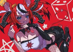1girl animal_ears asymmetrical_clothes black_hair blue_eyes bongk bracelet breasts cheese_hair_ornament cleavage collarbone detached_sleeves dice ear_ornament fingerless_gloves fishnet_sleeves fishnets food-themed_hair_ornament gloves hair_ornament hakos_baelz hakos_baelz_(1st_costume) highres hololive hololive_english jewelry large_breasts mouse_ears mouse_girl mouse_tail mousetrap mr._squeaks_(hakos_baelz) multicolored_hair necktie red_hair red_nails red_necktie single_fishnet_armwear single_pantsleg smile solo spiked_bracelet spikes tail virtual_youtuber white_hair