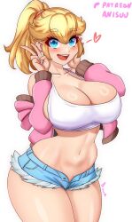 1girl anisdrawn blonde_hair blue_eyes blue_shorts breasts cleavage denim denim_shorts earrings highres jacket jewelry large_breasts long_hair looking_at_viewer mario_(series) mario_kart mario_kart_world midriff navel nintendo open_clothes open_jacket open_mouth pink_jacket ponytail princess_peach princess_peach_(touring) shirt short_shorts shorts smile solo sphere_earrings stomach