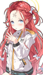 Rule 34 | 1girl, absurdres, aqua eyes, blue archive, blush, bow, braid, commentary, forehead, forehead writing, furrowed brow, hair bow, halo, handheld game console, highres, hood, hood down, hooded jacket, jacket, long hair, long sleeves, looking back, messy hair, mltsora, multicolored jacket, object in pocket, one side up, outline, parted lips, pocket, power symbol, red hair, simple background, single braid, solo, steepled fingers, tic-tac-toe, very long hair, white background, white bow, white jacket, white outline, yellow halo, yellow jacket, yuzu (blue archive)