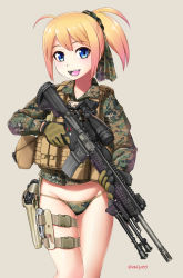 1girl :d acog beretta_92 bipod black_gloves blonde_hair blue_eyes blush body_armor bulletproof_vest camouflage camouflage_jacket camouflage_panties cowboy_shot digital_camouflage ebifly gloves gradient_hair green_panties grey_background gun h&amp;k_hk416 handgun highres holding holding_gun holding_weapon holster jacket looking_at_viewer military_combat_uniform military_uniform multicolored_hair open_mouth original panties pistol ponytail redrawn rifle simple_background smile sniper_rifle solo standing thigh_strap trigger_discipline underwear united_states_marine_corps vest weapon