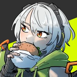 anby_demara burger eating fingerless_gloves fingernails food gloves headphones holding holding_burger holding_food multicolored_eyes short_hair spriggantweet white_hair zenless_zone_zero