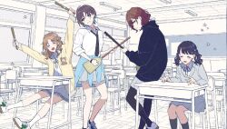 Rule 34 | 4girls, ahoge, arms up, artist name, asakura toru, bad link, bear, black hair, blue eyes, blush, border, broom, broom guitar, brown hair, bulletin board, cardigan, ceiling, ceiling light, chair, chalkboard, classroom, cropped, desk, fish, fukumaru koito, gradient hair, hair bun, hair ornament, hairclip, highres, higuchi madoka, holding, holding broom, ichikawa hinana, idolmaster, idolmaster shiny colors, jacket, legs up, long hair, long sleeves, looking back, mole, mole under eye, multicolored hair, multiple girls, necktie, noctchill (idolmaster), open cardigan, open clothes, open mouth, pantyhose, parted bangs, ribbon, ruler, school chair, school desk, school uniform, shirt, shoes, short hair, single side bun, skirt, sliding doors, smile, sneakers, socks, standing, third-party edit, third-party source, tied sweater, ttkktt, twintails, unconventional guitar, white border, white shirt, window, yellow cardigan