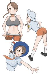 1girl absurdres ahoge alternate_breast_size bent_over black_footwear blush braid breast_pocket breasts brown_eyes brown_hair cleavage closed_mouth clothes_pull collared_shirt commentary_request eyelashes hand_on_own_chin highres holding holding_poke_ball juliana_(pokemon) large_breasts looking_at_viewer medium_breasts multiple_views navel necktie nintendo orange_necktie orange_shorts pocket poke_ball poke_ball_(basic) pokemon pokemon_sv pulling_own_clothes shirt shoes short_shorts shorts shorts_pull socks sports_bra stroking_own_chin throwing tsuneshima white_socks
