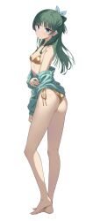 1girl absurdres aqua_shirt arm_at_side ass bare_legs barefoot bikini blue_eyes blue_ribbon blunt_bangs breasts collarbone full_body gold_bikini golden_week golden_week_bikini green_hair hair_ribbon half_updo highres holding_own_arm kusuriya_no_hitorigoto long_hair looking_at_viewer looking_to_the_side maomao_(kusuriya_no_hitorigoto) parted_lips profnote ribbon shirt shirt_partially_removed side-tie_bikini_bottom sidelocks simple_background small_breasts solo standing string_bikini swimsuit three_quarter_view white_background