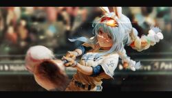 1girl absurdres animal_ear_fluff animal_ears ball baseball baseball_(object) baseball_bat baseball_jersey baseball_stadium baseball_uniform belt blue_belt blue_hair blurry braid breasts carrot_hair_ornament commentary crowd depth_of_field english_commentary extra_ears eyewear_on_head floating_hair food-themed_hair_ornament gloves grin hair_ornament highres hikimayu holding holding_baseball_bat hololive jersey kokono_ka letterboxed long_hair los_angeles_dodgers motion_blur multicolored_hair orange-tinted_eyewear orange_eyes outdoors pants rabbit_ears rabbit_girl rabbit_tail short_eyebrows short_sleeves sidelocks small_breasts smile solo sportswear swept_bangs tail thick_eyebrows tinted_eyewear twin_braids twintails two-tone_hair usada_pekora virtual_youtuber white_hair white_pants
