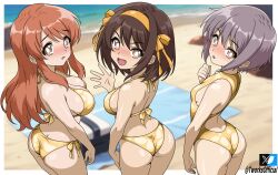 absurdres asahina_mikuru ass beach beach_towel bikini blush breasts brown_eyes brown_hair butt_crack commentary cowboy_shot day english_commentary from_behind gold_bikini gold_one-piece_swimsuit grey_hair hair_ribbon halterneck hand_up highres large_breasts long_hair looking_at_viewer looking_back medium_breasts medium_hair nagato_yuki ocean one-piece_swimsuit open_mouth outdoors ribbon sand shore short_hair side-tie_bikini_bottom small_breasts suzumiya_haruhi suzumiya_haruhi_no_yuuutsu swimsuit t-works towel twitter_logo twitter_username water waving yellow_ribbon