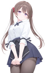 Rule 34 | 1girl, black pantyhose, blue skirt, blush, breasts, brown hair, hair ornament, hair scrunchie, highres, long hair, long sleeves, looking at viewer, medium breasts, megimegyo, original, pantyhose, purple eyes, red scrunchie, scrunchie, shirt, simple background, skirt, solo, thighband pantyhose, twintails, white background, white shirt