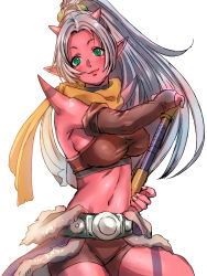 1girl arm_strap armpits backlighting bad_id bad_pixiv_id belt bike_shorts blue_skirt blush breasts bridal_gauntlets closed_mouth club_(weapon) collar colored_skin cowboy_shot demon_girl dragon_quest dragon_quest_x female_focus fingernails fur_trim green_eyes grey_hair hair_ornament hand_on_hilt high_ponytail highres holding holding_weapon horns katou_teppei large_breasts light_smile long_fingernails long_hair looking_at_viewer maiyu_(dq10) midriff navel ogre_(dq10) pointy_ears ponytail red_skin scarf shirt shorts showgirl_skirt sideboob simple_background sketch skirt smile solo spikes sports_bra square_enix standing tattoo taut_clothes taut_shirt weapon white_background yellow_scarf
