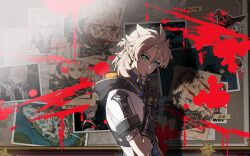 Rule 34 | 1boy, albedo (genshin impact), black gloves, blonde hair, blue eyes, blue shirt, braid, coat, dahlia (genshin impact), genshin impact, gloves, half up half down braid, highres, index finger raised, jean (genshin impact), light smile, looking at viewer, medium hair, photo (object), scor lu, shirt, sidelighting, solo, evidence board, upper body, white coat