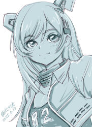 1girl 4suke blue_theme clothes_pull clothes_writing commentary dated headgear highres jacket kantai_collection looking_at_viewer monochrome one-hour_drawing_challenge one-piece_swimsuit_pull salmon_(kancolle) solo swept_bangs twitter_username upper_body