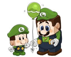 ! 2boys baby_luigi balloon black_eyes blue_eyes blue_overalls blush brown_hair chibi facial_hair full_body gloves green_hat green_shirt hat height_difference highres holding holding_balloon lego lego_luigi lego_super_mario long_sleeves luigi male_focus mario_(series) mimimi_(mimimim9999) multiple_boys mustache nintendo overalls shirt shoes short_hair white_background white_gloves