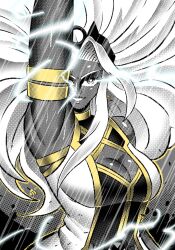 1girl animification artimoltros bodysuit breasts cleavage dark-skinned_female dark_skin earrings electricity highres jewelry large_breasts lightning lightning_bolt_earrings lightning_bolt_symbol long_hair looking_at_viewer marvel marvel_tokon:_fighting_souls solo storm storm_(x-men) superhero_costume very_dark_skin white_hair x-men