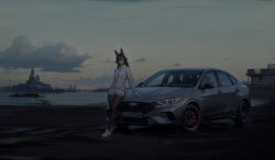 1girl animal_ears assaultharpy black_pantyhose car chinese_commentary cloud commentary_request ford ford_focus fox_ears fox_girl grey_car high_heels highres jacket license_plate motor_vehicle original outdoors pantyhose scenery shorts solo sunrise vehicle_focus white_footwear white_jacket white_shorts