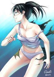 1girl amasawa_yuuko black_hair breasts collarbone commentary dennou_coil female_focus gradient_background green_eyes groin looking_away navel noise_(tsuzuki) panties profile shirt signature simple_background small_breasts solo strap_slip tank_top torn_clothes twintails twitter_username underwear visor white_panties white_shirt