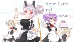 4girls ^^^ alternate_costume anniversary apron ayanami_(azur_lane) azur_lane blonde_hair blue_eyes cake enmaided food fruit gloves high_ponytail highres holding holding_cake holding_food javelin_(azur_lane) laffey_(azur_lane) long_hair looking_at_viewer maid maid_apron maid_headdress medium_hair missed_timing multiple_girls one_eye_closed orange_eyes parted_lips ponytail purple_hair red_eyes short_hair strawberry white_apron white_gloves white_hair z23_(azur_lane)